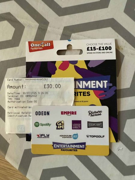 One4all Entertainment Favourites gift card with a £30.00 receipt, showing logos such as Odeon, Spotify and Topgolf.