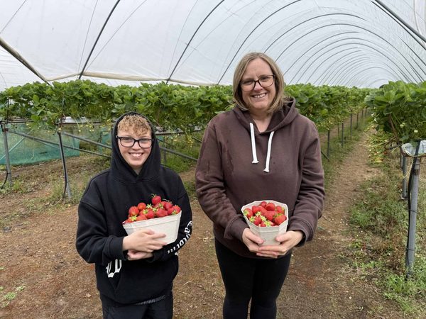 A smiling boy and woman in hoodies stand in a polytunnel, each holding a punnet of fresh strawberries.