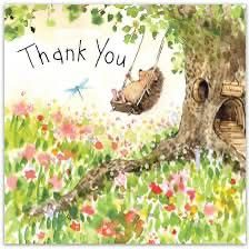 Illustrated thank you card showing a small animal on a swing hanging from a tree above a flowery meadow.