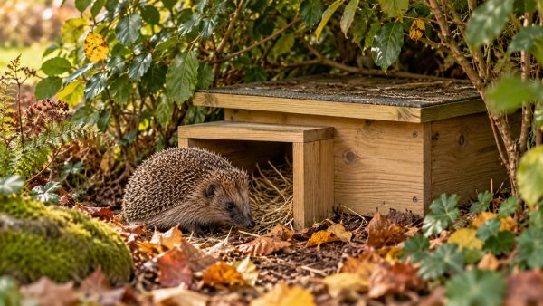 Hedgehog nest box in a garden